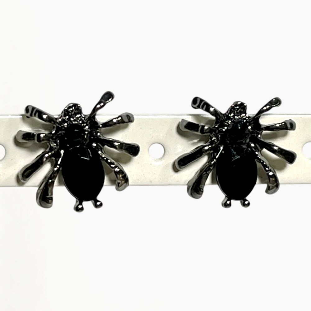 Black Rhinestone Spider Earrings Gunmetal Studs Punk Gothic Halloween Witchy Emo